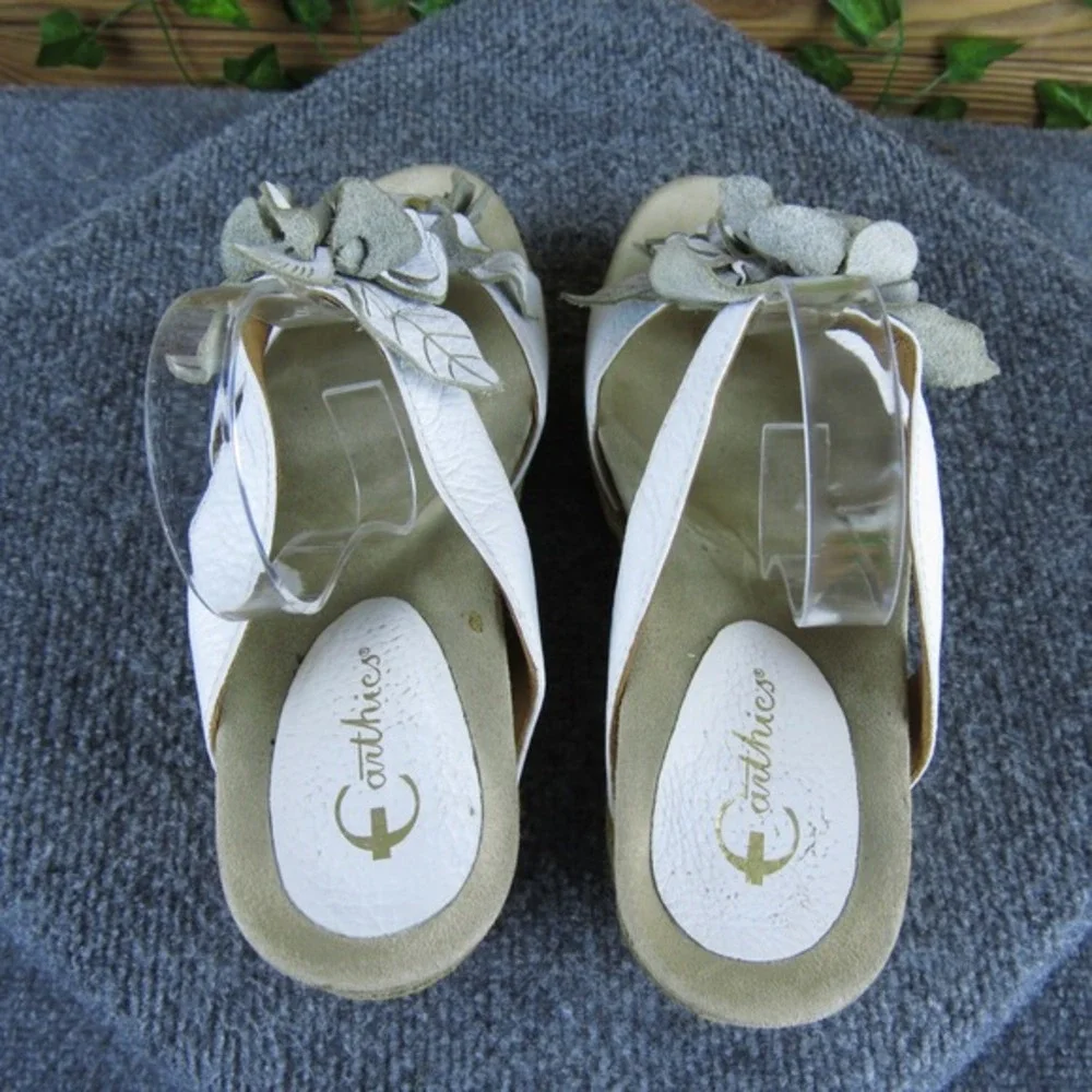 Earthies Bellini Women's 10 White Leather Wedge‎ Sandal Floral Detail Comfort
